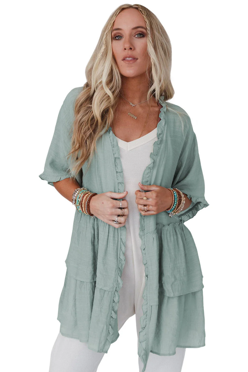 Sea foam green ruffled kimono